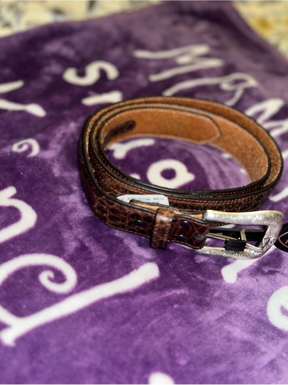 Men's Brown Croc-Texture Leather Belt with Silver Buckle